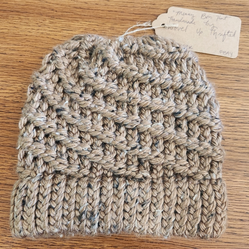 Hand Made Women's Spiral Knit Messy Bun Pony Tail Beanie in Light Brown Tweed